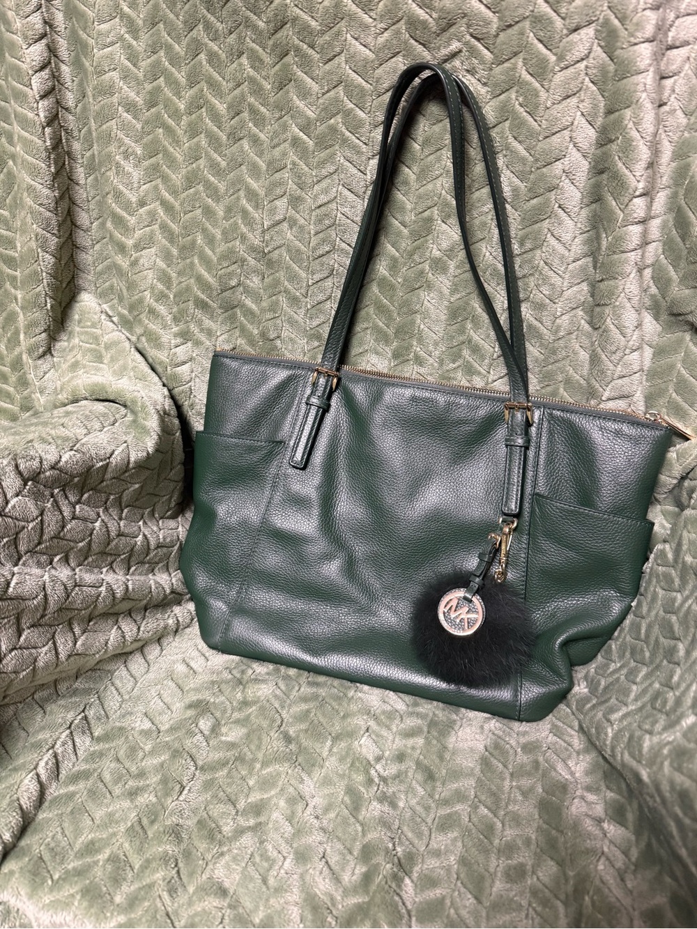 Michael Kors Dark Green Leather Tote with Charm